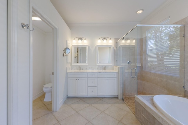 9719 Discovery Ter, Bradenton, FL 34212 - bathroom with double vanity, a garden tub, a stall shower, tile patterned floors, and crown molding