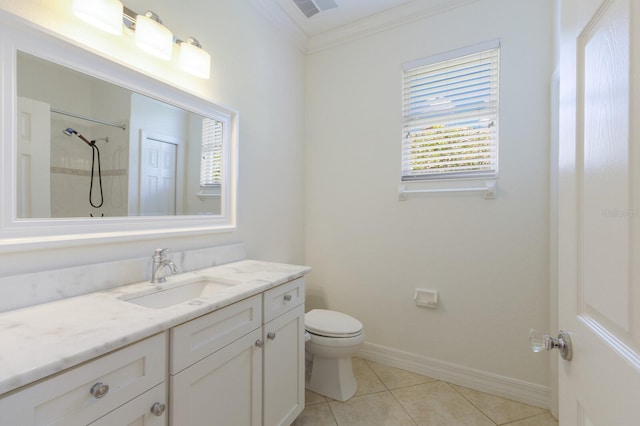 9719 Discovery Ter, Bradenton, FL 34212 - full bathroom featuring vanity, ornamental molding, plenty of natural light, tile patterned flooring, and a shower