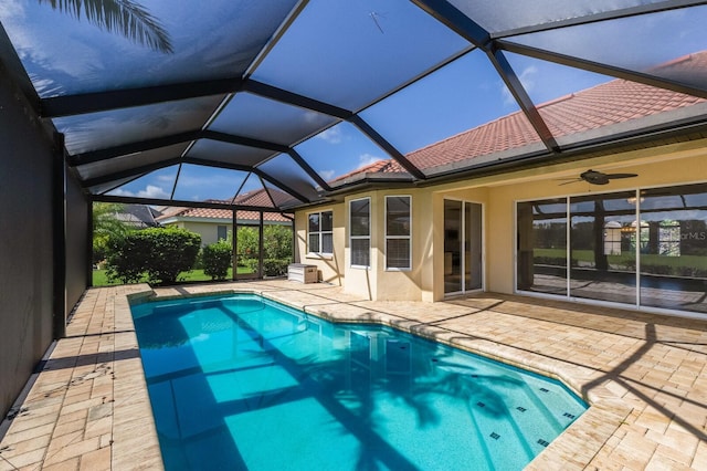 9719 Discovery Ter, Bradenton, FL 34212 - swimming pool featuring a patio area, a ceiling fan, and a lanai