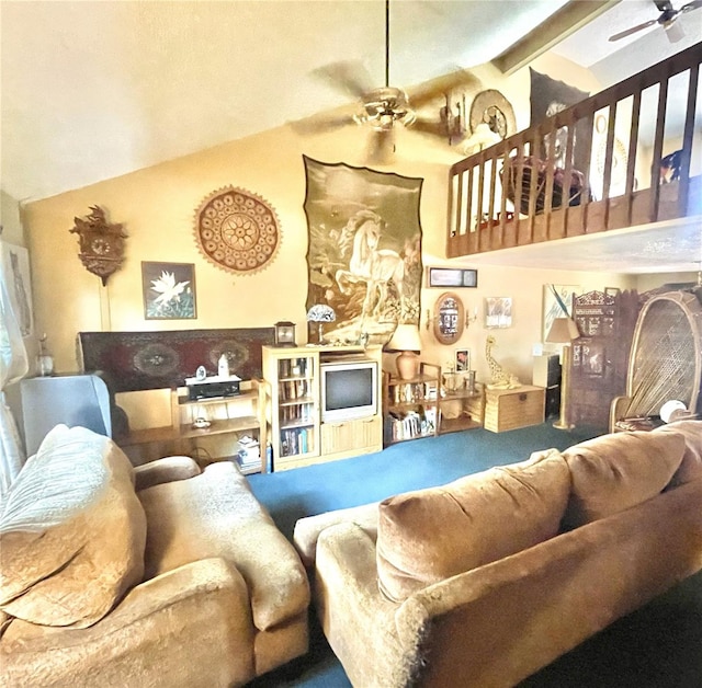 4042 S Lockwood Ridge Rd, Sarasota, FL 34231 - living area featuring a ceiling fan, carpet flooring, and high vaulted ceiling