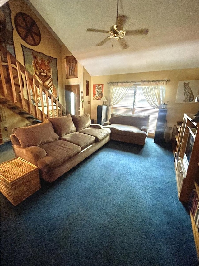 4042 S Lockwood Ridge Rd, Sarasota, FL 34231 - carpeted living area featuring a ceiling fan, a textured ceiling, and lofted ceiling
