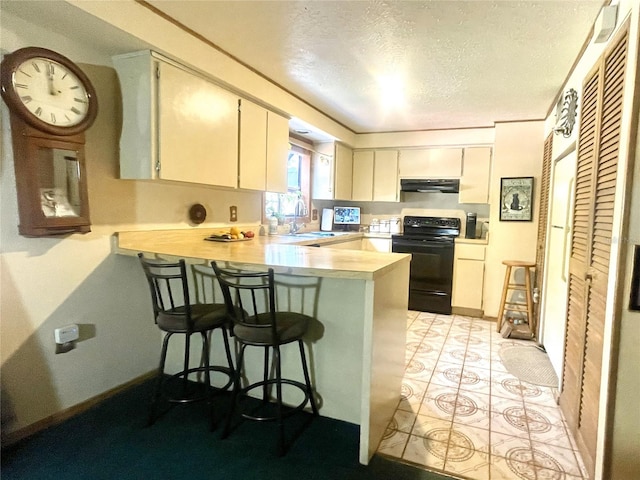 4042 S Lockwood Ridge Rd, Sarasota, FL 34231 - kitchen featuring black electric range oven, under cabinet range hood, a peninsula, a sink, and a textured ceiling