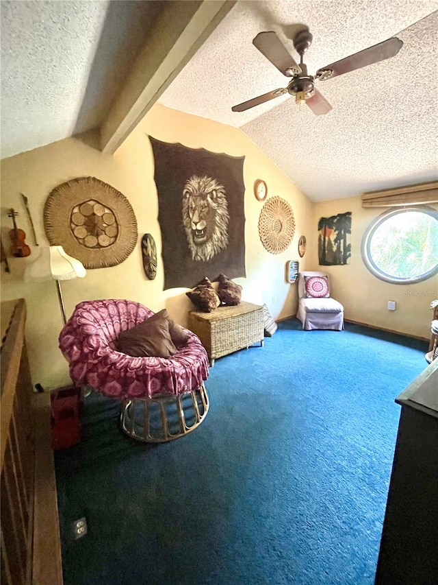 4042 S Lockwood Ridge Rd, Sarasota, FL 34231 - sitting room featuring a textured ceiling, carpet floors, lofted ceiling, and ceiling fan