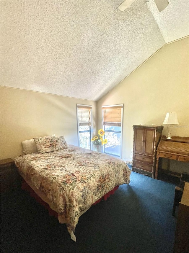 4042 S Lockwood Ridge Rd, Sarasota, FL 34231 - carpeted bedroom with lofted ceiling, a textured ceiling, and a ceiling fan
