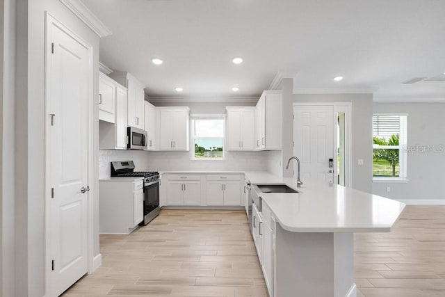 3204 Torta Ct, Bradenton, FL 34211 - kitchen with appliances with stainless steel finishes, a peninsula, light wood finished floors, healthy amount of natural light, and ornamental molding