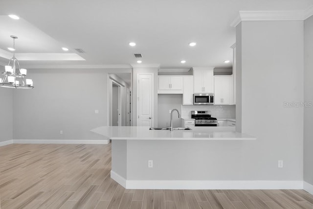3204 Torta Ct, Bradenton, FL 34211 - kitchen with appliances with stainless steel finishes, crown molding, light wood-style flooring, white cabinetry, and backsplash