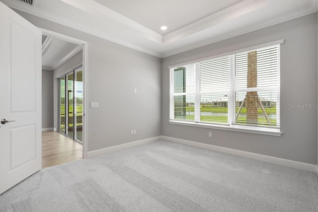 3204 Torta Ct, Bradenton, FL 34211 - spare room with ornamental molding, light colored carpet, a tray ceiling, and recessed lighting