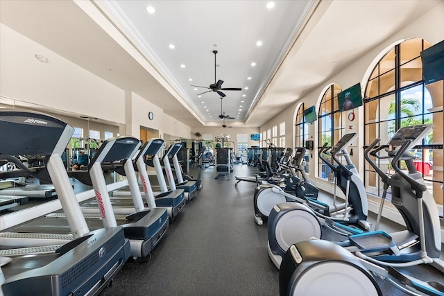 138 Tiziano Way N, Venice, FL 34275 - gym with recessed lighting, ceiling fan, ornamental molding, and a raised ceiling