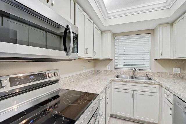 7211 Cloister Dr Unit 101, Sarasota, FL 34231 - kitchen with appliances with stainless steel finishes, a sink, a tray ceiling, light countertops, and white cabinets