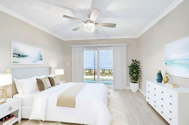 7211 Cloister Dr Unit 101, Sarasota, FL 34231 - bedroom with access to outside, crown molding, light wood finished floors, baseboards, and ceiling fan