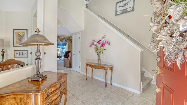 12520 Natureview Cir, Bradenton, FL 34212 - entryway featuring stairway, light tile patterned floors, and baseboards