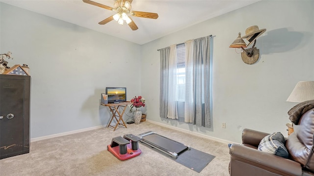 12520 Natureview Cir, Bradenton, FL 34212 - exercise room featuring ceiling fan, carpet flooring, and baseboards
