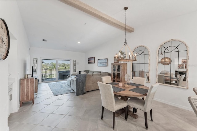 14257 Heritage Landing Blvd Unit 1122, Punta Gorda, FL 33955 - dining space featuring a chandelier, beamed ceiling, light tile patterned floors, and high vaulted ceiling