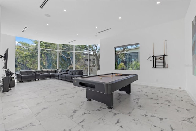 4035 Bay Shore Rd, Sarasota, FL 34234 - game room featuring recessed lighting, billiards, marble finish flooring, and floor to ceiling windows