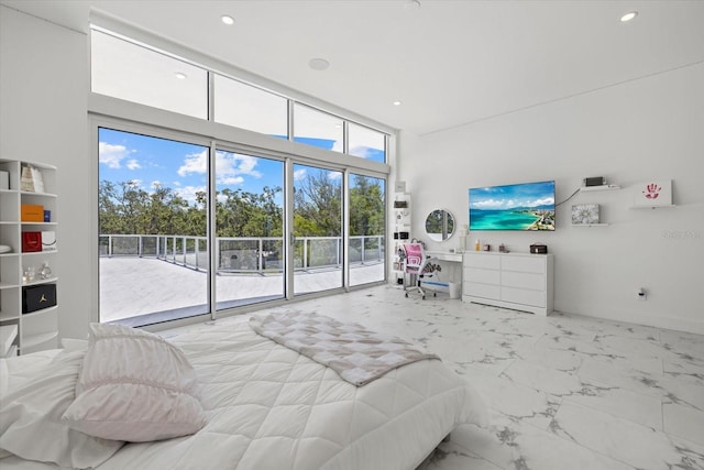 4035 Bay Shore Rd, Sarasota, FL 34234 - bedroom featuring access to outside, recessed lighting, marble finish floors, and a towering ceiling