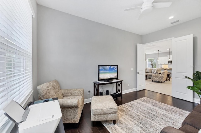 13549 Old Creek Ct, Parrish, FL 34219 - living room featuring dark wood-type flooring, a ceiling fan, recessed lighting, and baseboards