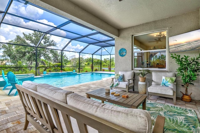 17547 Cantarina Cv, Bradenton, FL 34211 - outdoor pool featuring an outdoor living space, a patio area, and a lanai