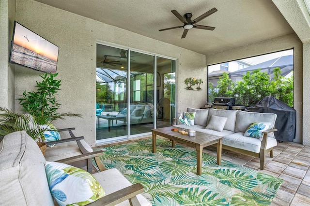 17547 Cantarina Cv, Bradenton, FL 34211 - sunroom featuring a ceiling fan and an outdoor living space