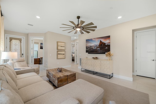 6239 Baywood Ct, Bradenton, FL 34211 - living area with a ceiling fan, tile patterned flooring, and recessed lighting