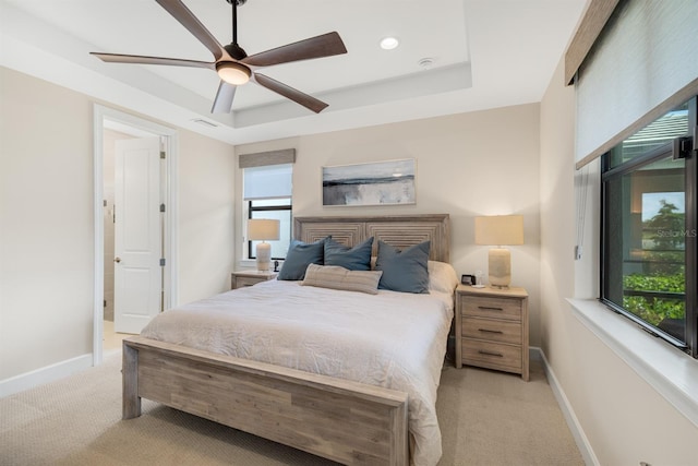 6239 Baywood Ct, Bradenton, FL 34211 - bedroom featuring a tray ceiling, carpet flooring, ceiling fan, and recessed lighting