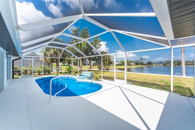 10055 Franklin Dr, Englewood, FL 34224 - swimming pool with a water view, a patio, a yard, and glass enclosure