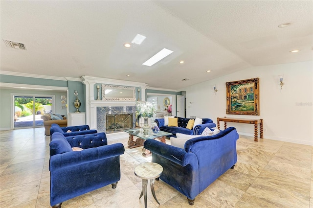2726 Desoto Rd, Sarasota, FL 34234 - living room with a fireplace, crown molding, vaulted ceiling, recessed lighting, and baseboards