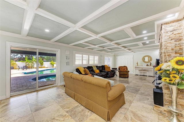 2726 Desoto Rd, Sarasota, FL 34234 - living area featuring coffered ceiling, beam ceiling, recessed lighting, baseboards, and crown molding