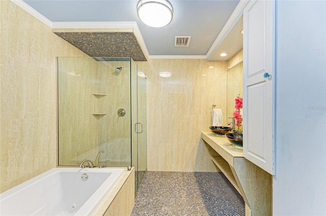 2726 Desoto Rd, Sarasota, FL 34234 - full bath featuring a stall shower, a jetted tub, and crown molding
