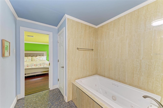 2726 Desoto Rd, Sarasota, FL 34234 - bathroom with a whirlpool tub, baseboards, crown molding, and tile patterned flooring