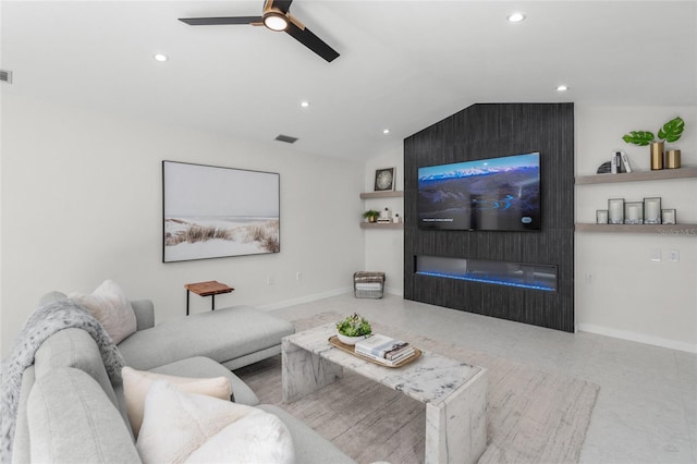 1527 Buoy Ln, Osprey, FL 34229 - living area with vaulted ceiling, recessed lighting, a large fireplace, ceiling fan, and baseboards
