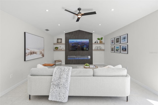 1527 Buoy Ln, Osprey, FL 34229 - living area with lofted ceiling, recessed lighting, ceiling fan, and baseboards