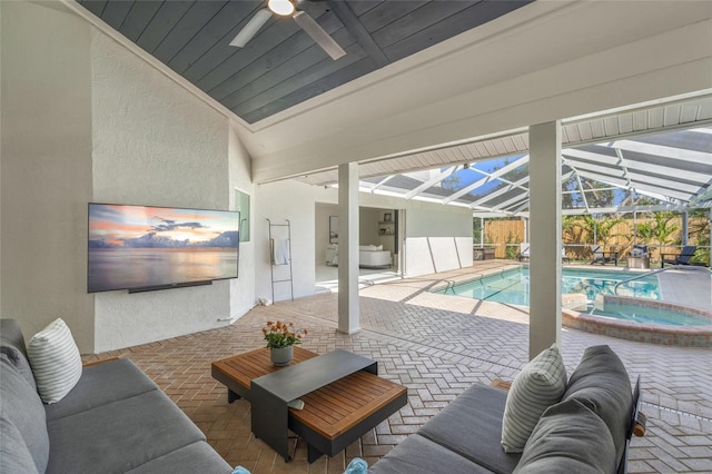 1527 Buoy Ln, Osprey, FL 34229 - view of pool with a patio, a ceiling fan, a lanai, and a pool with connected hot tub