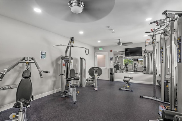 1527 Buoy Ln, Osprey, FL 34229 - exercise room featuring ceiling fan, baseboards, and recessed lighting