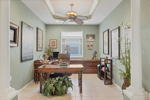 4121 Reflections Pkwy, Sarasota, FL 34233 - office area with decorative columns, a tray ceiling, ceiling fan, light tile patterned floors, and ornamental molding
