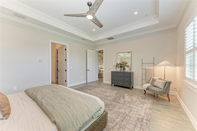501 Maraviya Blvd, Nokomis, FL 34275 - bedroom with a raised ceiling, light wood finished floors, ornamental molding, a ceiling fan, and recessed lighting