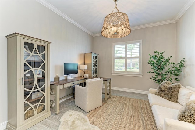 501 Maraviya Blvd, Nokomis, FL 34275 - home office featuring a chandelier, crown molding, baseboards, and wood finished floors