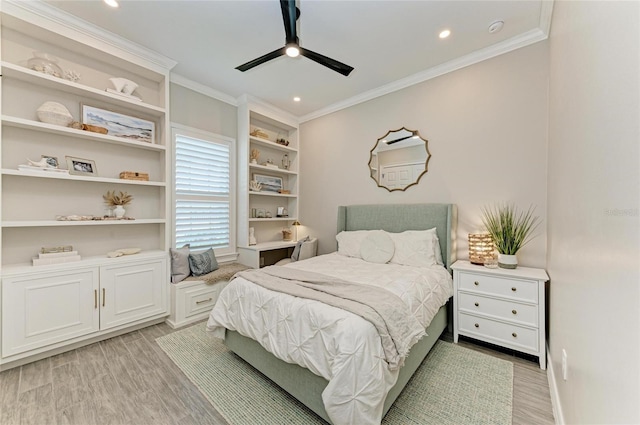 501 Maraviya Blvd, Nokomis, FL 34275 - bedroom featuring ornamental molding, light wood-type flooring, a ceiling fan, and recessed lighting