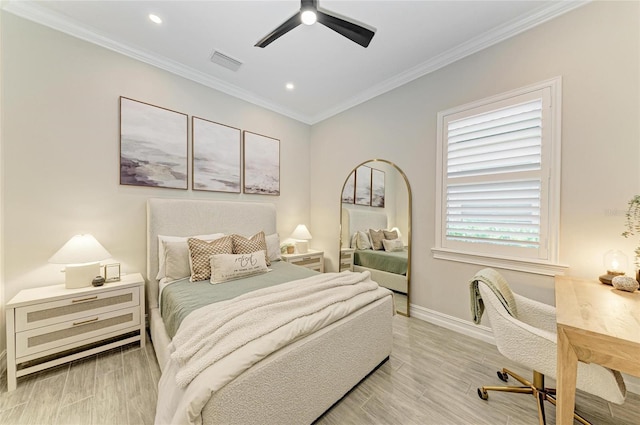 501 Maraviya Blvd, Nokomis, FL 34275 - bedroom with baseboards, wood finished floors, crown molding, recessed lighting, and ceiling fan