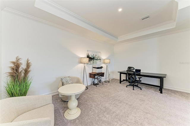 501 Maraviya Blvd, Nokomis, FL 34275 - carpeted office space with ornamental molding, a tray ceiling, baseboards, and recessed lighting
