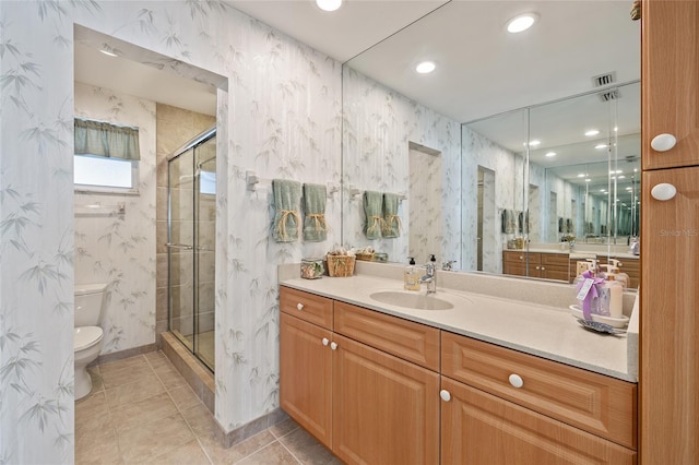 4310 Falmouth Dr Unit 307, Longboat Key, FL 34228 - bathroom featuring toilet, a stall shower, vanity, recessed lighting, and tile patterned flooring