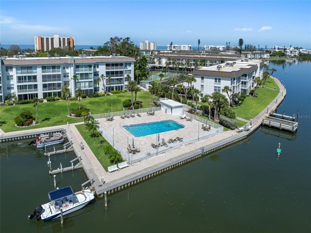 4310 Falmouth Dr Unit 307, Longboat Key, FL 34228 - bird's eye view of a nearby body of water, a pool area, and apartment complex