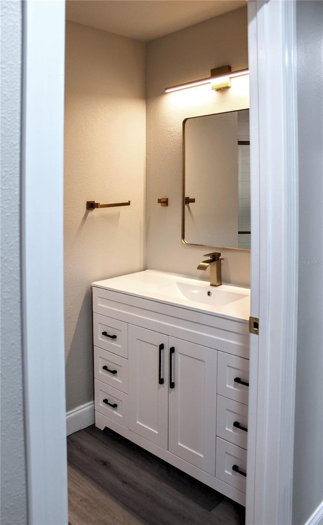 27944 Green Willow Run, Wesley Chapel, FL 33544 - bathroom with vanity, wood finished floors, and baseboards