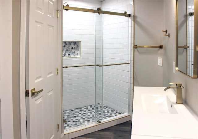 27944 Green Willow Run, Wesley Chapel, FL 33544 - full bathroom featuring a shower stall, vanity, and wood finished floors