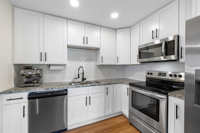 440 42nd St N, Saint Petersburg, FL 33713 - kitchen with appliances with stainless steel finishes, a sink, stone counters, white cabinets, and recessed lighting