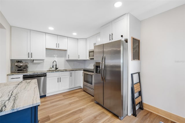 440 42nd St N, Saint Petersburg, FL 33713 - kitchen with appliances with stainless steel finishes, a sink, decorative backsplash, light wood-style flooring, and white cabinetry