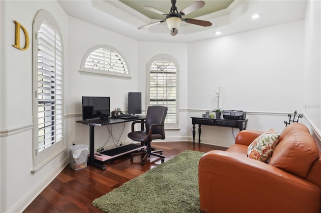 4696 Del Sol Blvd, Sarasota, FL 34243 - office space with a tray ceiling, wood finished floors, ceiling fan, and recessed lighting