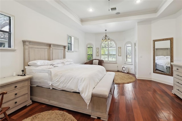 4696 Del Sol Blvd, Sarasota, FL 34243 - bedroom featuring a tray ceiling, crown molding, dark wood finished floors, recessed lighting, and baseboards