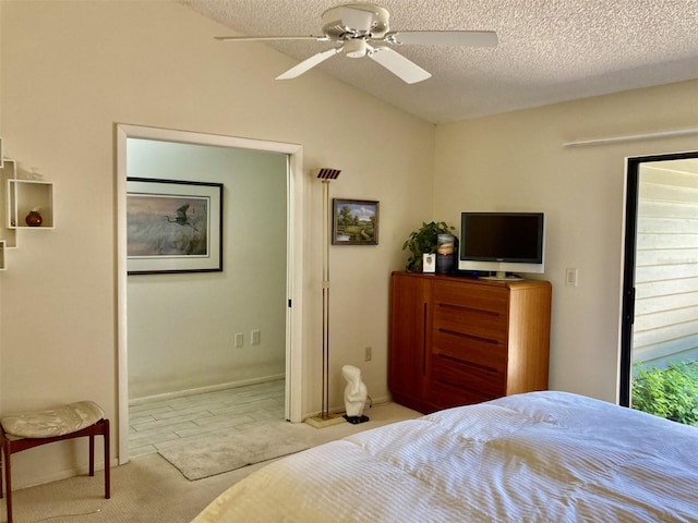3407 Avenida Madera Unit A, Bradenton, FL 34210 - carpeted bedroom featuring a textured ceiling, a ceiling fan, and vaulted ceiling