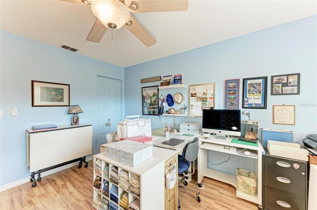 1906 Canterbury Ln Unit 16, Sun City Center, FL 33573 - office with light wood-type flooring, a ceiling fan, baseboards, and a textured ceiling