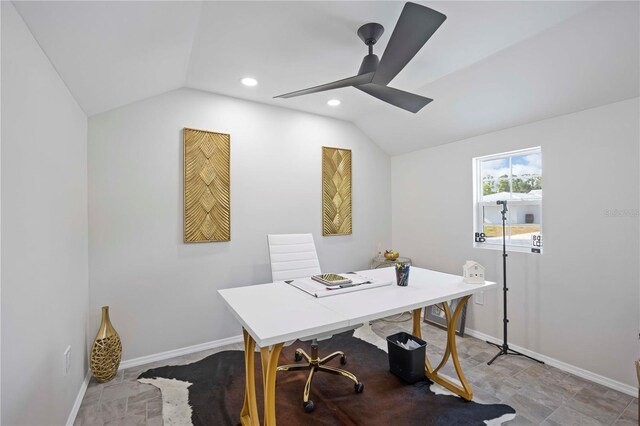 2255 61st St, Sarasota, FL 34243 - office space with vaulted ceiling, baseboards, a ceiling fan, recessed lighting, and stone finish flooring
